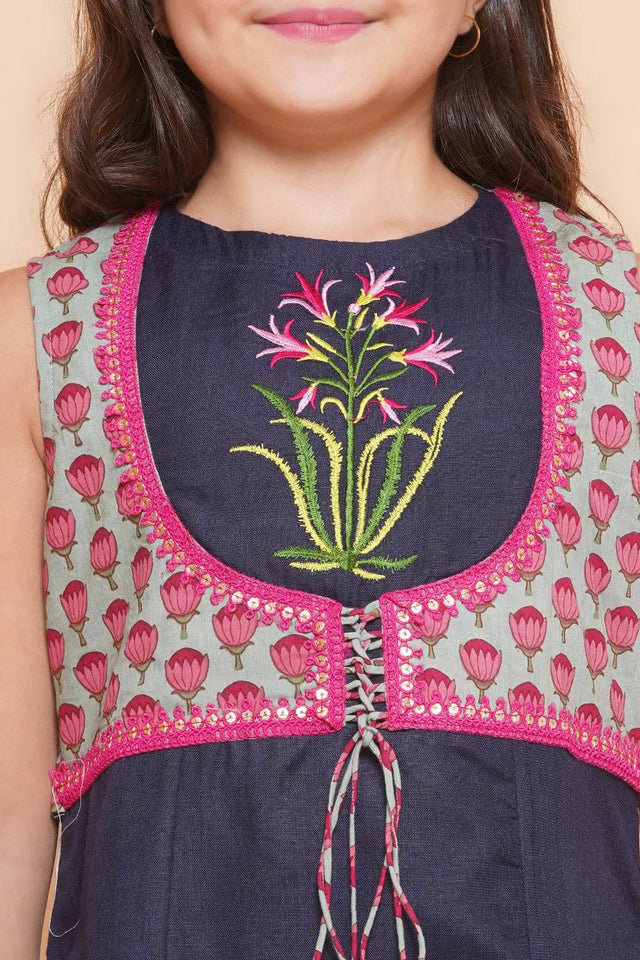 Girl's Navy Blue Embroidered Cotton Kurta Set