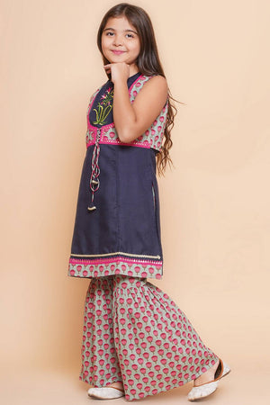 Girl's Navy Blue Embroidered Cotton Kurta Set