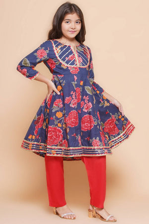 Girl's Navy Blue Floral Printed Cotton Kurta Set