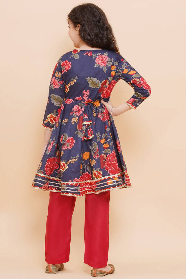 Girl's Navy Blue Floral Printed Cotton Kurta Set