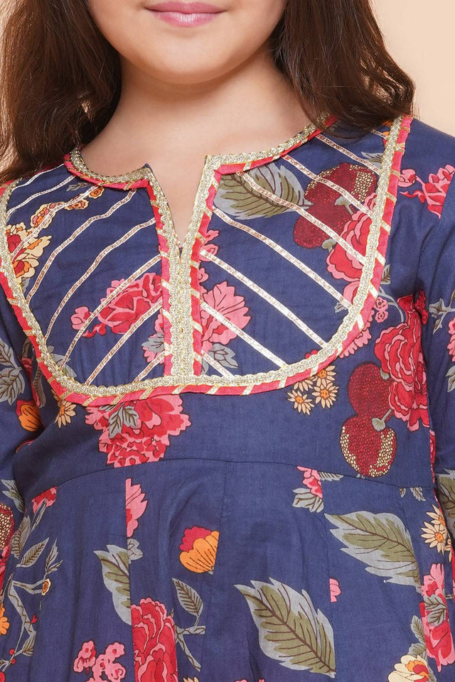 Girl's Navy Blue Floral Printed Cotton Kurta Set