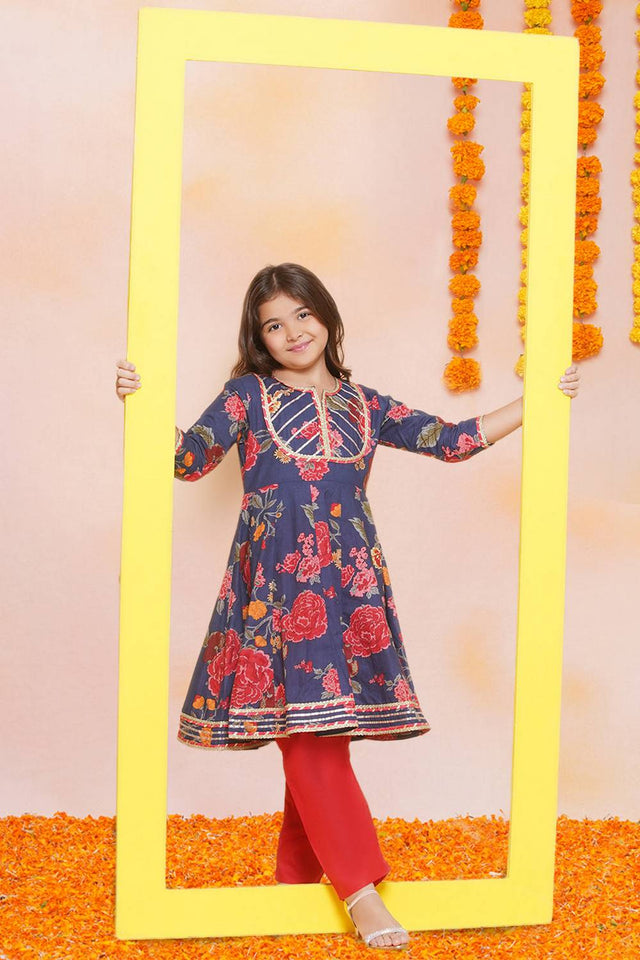 Girl's Navy Blue Floral Printed Cotton Kurta Set