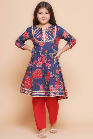 Girl's Navy Blue Floral Printed Cotton Kurta Set
