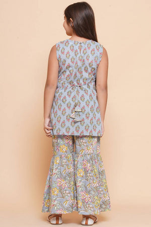 Girl's Grey Floral Printed Cotton Kurta Set