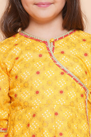Girl's Yellow Bandhani Printed Cotton Kurta Set