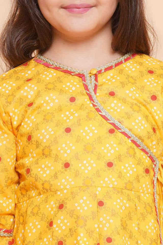 Girl's Yellow Bandhani Printed Cotton Kurta Set