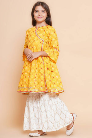 Girl's Yellow Bandhani Printed Cotton Kurta Set