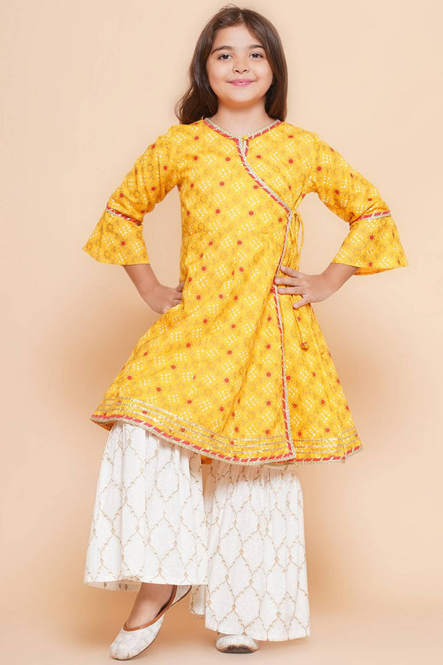 Girl's Yellow Bandhani Printed Cotton Kurta Set