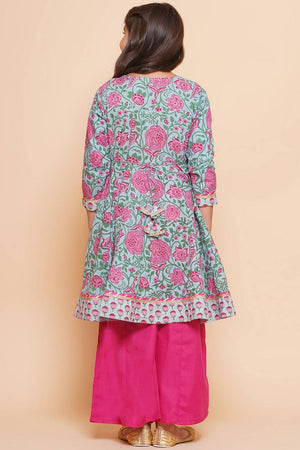 Girl's Blue Floral Printed Cotton Kurta Set