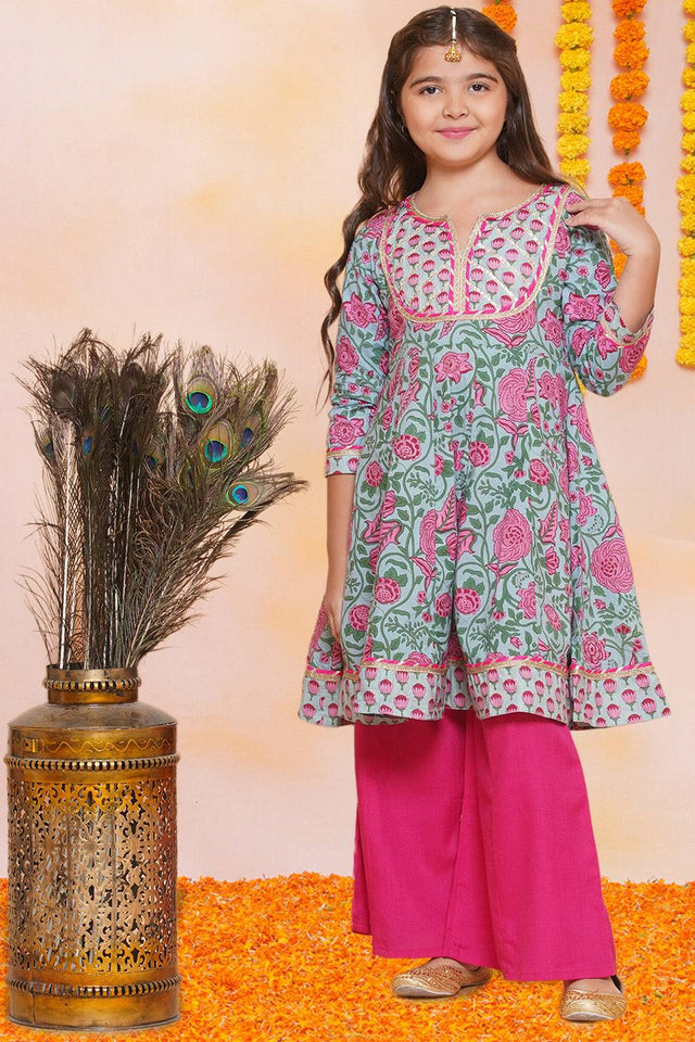 Girl's Blue Floral Printed Cotton Kurta Set