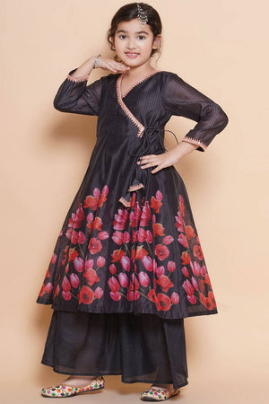 Girl's Black Floral Printed Silk Kurta Set (N2ZTKS196)