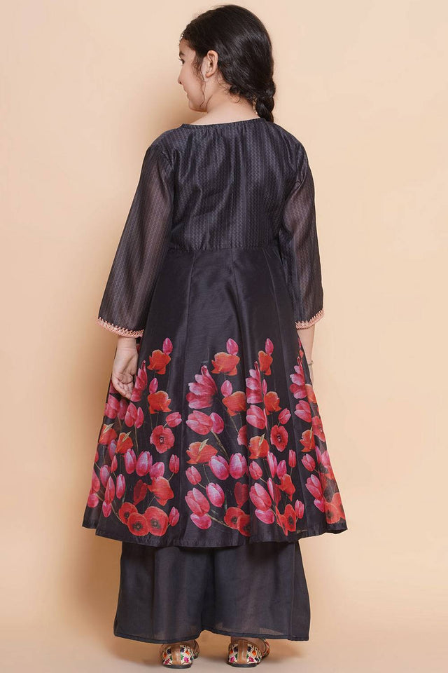 Girl's Black Floral Printed Silk Kurta Set (N2ZTKS196)