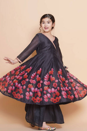 Girl's Black Floral Printed Silk Kurta Set (N2ZTKS196)