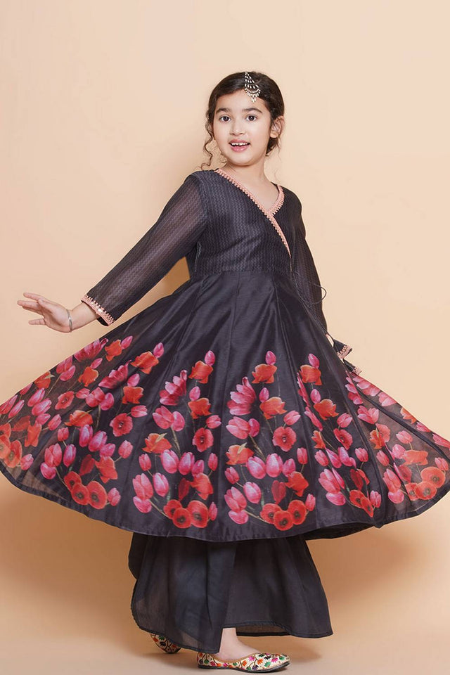 Girl's Black Floral Printed Silk Kurta Set (N2ZTKS196)