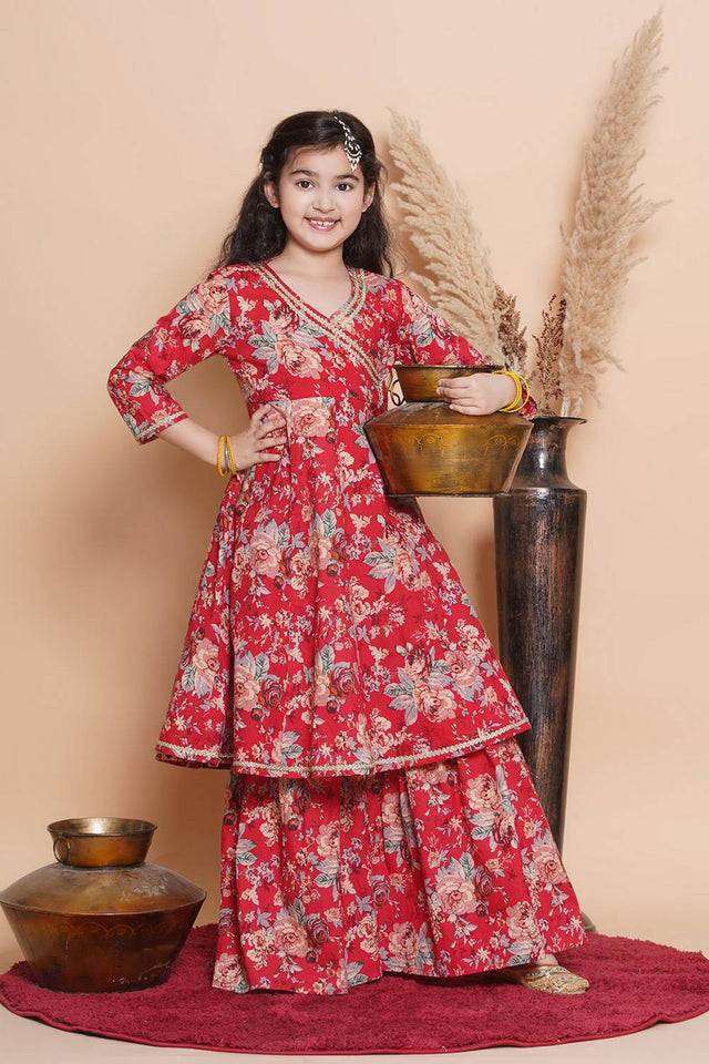 Girl's Red Floral Printed Cotton Kurta Set