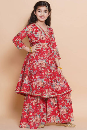 Girl's Red Floral Printed Cotton Kurta Set