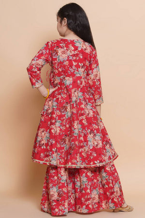 Girl's Red Floral Printed Cotton Kurta Set