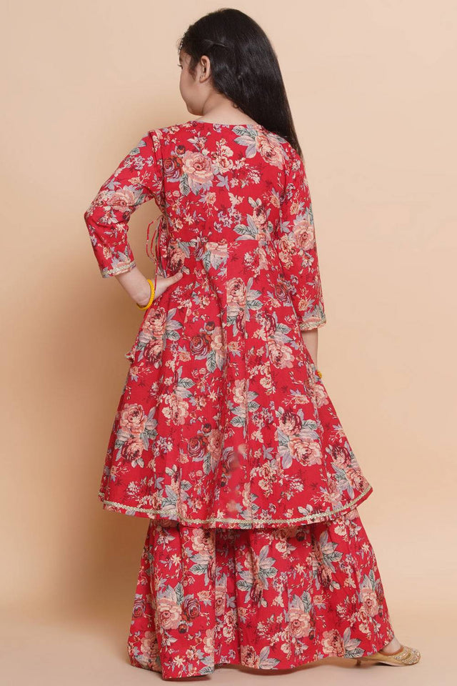 Girl's Red Floral Printed Cotton Kurta Set