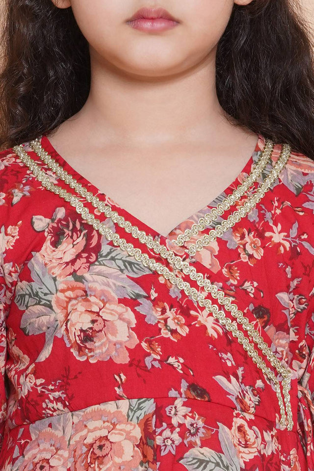 Girl's Red Floral Printed Cotton Kurta Set