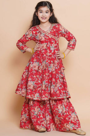 Girl's Red Floral Printed Cotton Kurta Set