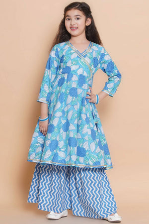 Girl's Blue Floral Printed Cotton Kurta Set