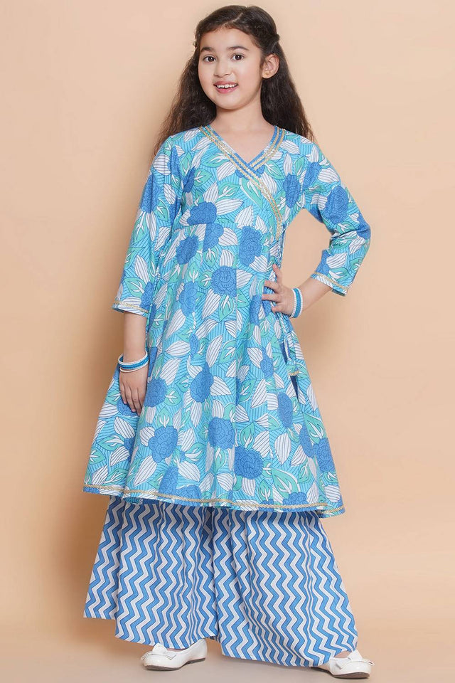 Girl's Blue Floral Printed Cotton Kurta Set