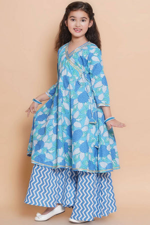 Girl's Blue Floral Printed Cotton Kurta Set