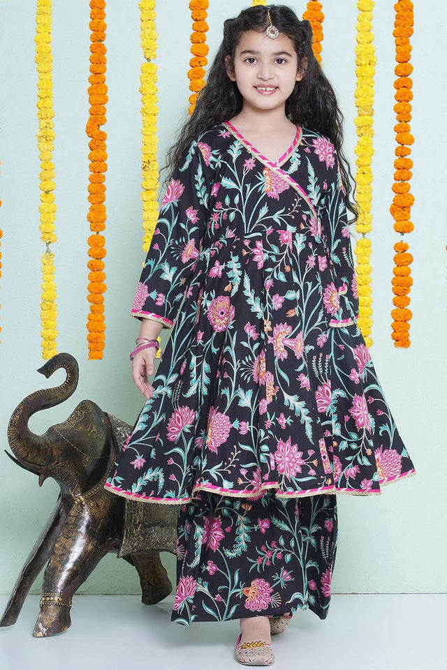Girl's Black Floral Printed Cotton Kurta Set