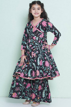 Girl's Black Floral Printed Cotton Kurta Set (N2ZTKS206)