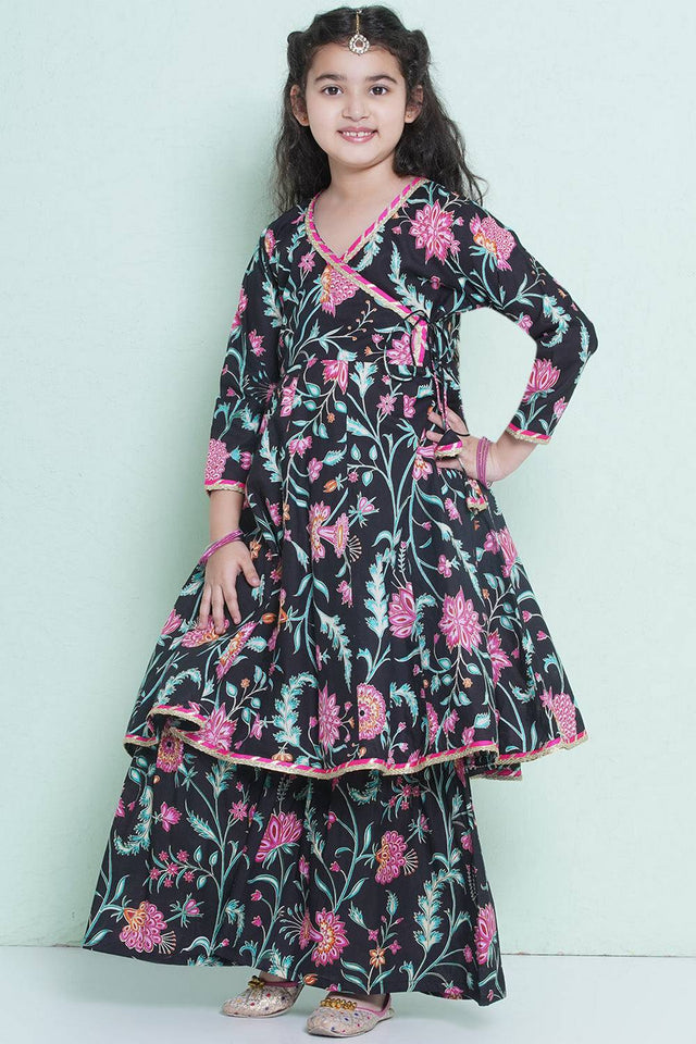 Girl's Black Floral Printed Cotton Kurta Set (N2ZTKS206)