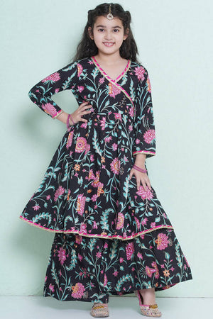Girl's Black Floral Printed Cotton Kurta Set (N2ZTKS206)