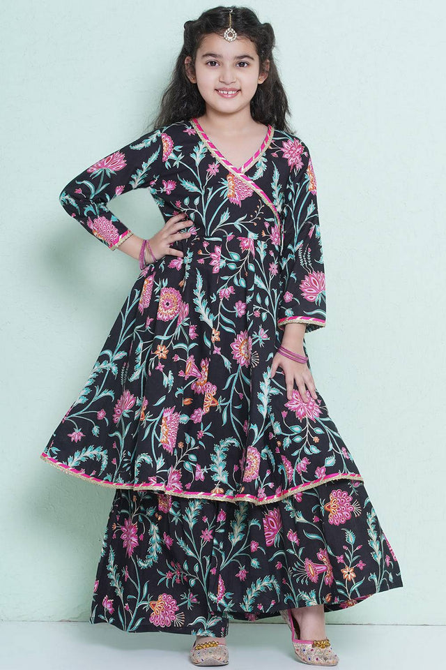 Girl's Black Floral Printed Cotton Kurta Set (N2ZTKS206)
