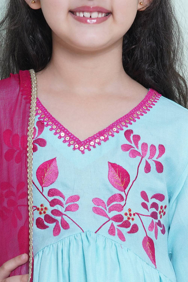 Girl's Blue Embroidered Cotton Kurta Set