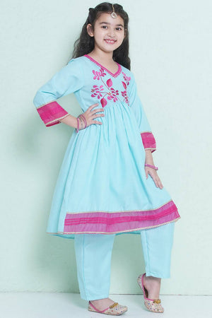 Girl's Blue Embroidered Cotton Kurta Set