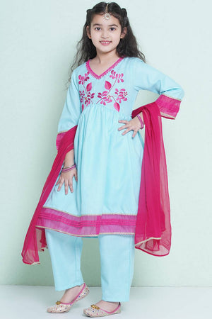 Girl's Blue Embroidered Cotton Kurta Set