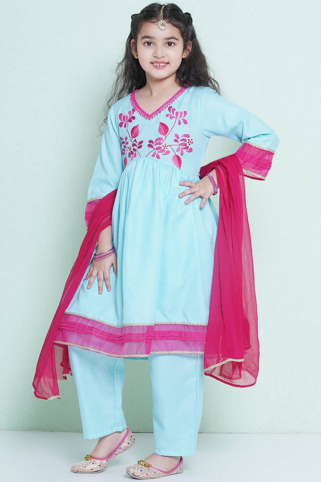 Girl's Blue Embroidered Cotton Kurta Set