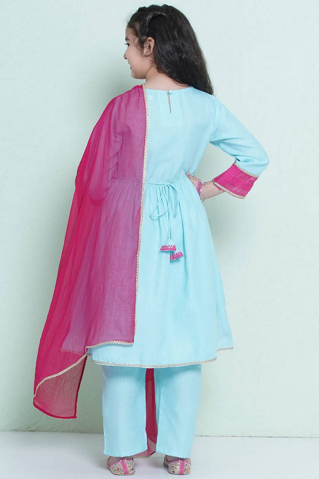 Girl's Blue Embroidered Cotton Kurta Set