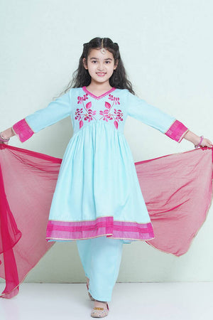 Girl's Blue Embroidered Cotton Kurta Set