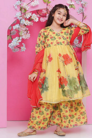 Girl's Yellow Floral Printed Silk Kurta Set