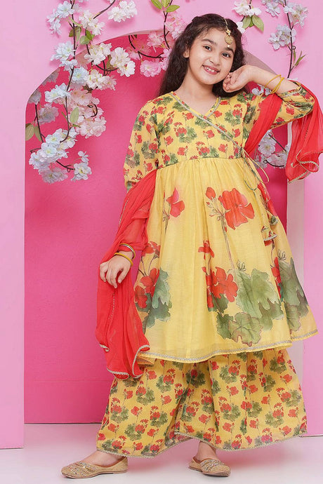 Girl's Yellow Floral Printed Silk Kurta Set