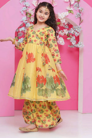 Girl's Yellow Floral Printed Silk Kurta Set