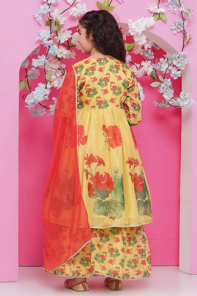 Girl's Yellow Floral Printed Silk Kurta Set