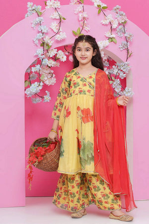 Girl's Yellow Floral Printed Silk Kurta Set