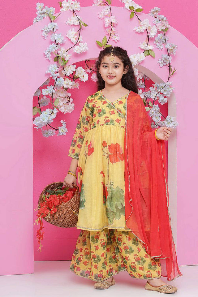 Girl's Yellow Floral Printed Silk Kurta Set