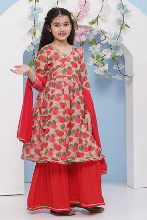 Girl's Red Floral Printed Silk Kurta Set
