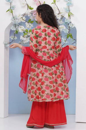 Girl's Red Floral Printed Silk Kurta Set
