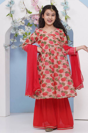 Girl's Red Floral Printed Silk Kurta Set