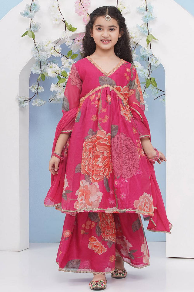 Girl's Pink Floral Printed Silk Kurta Set