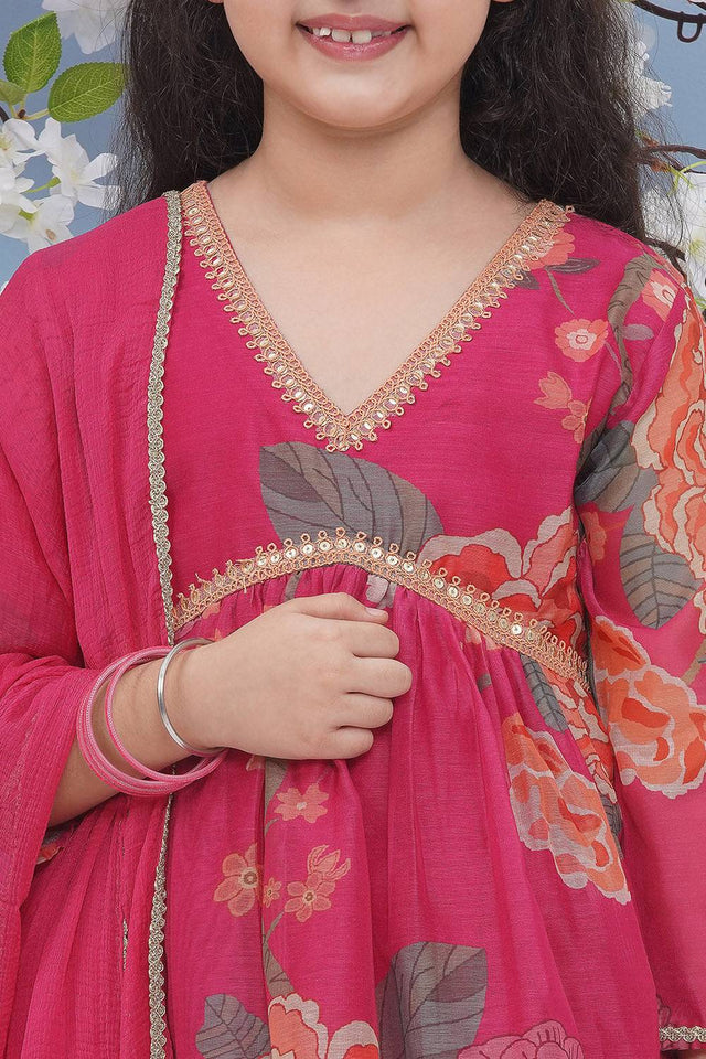 Girl's Pink Floral Printed Silk Kurta Set