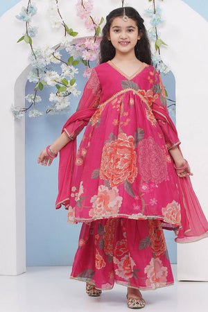 Girl's Pink Floral Printed Silk Kurta Set